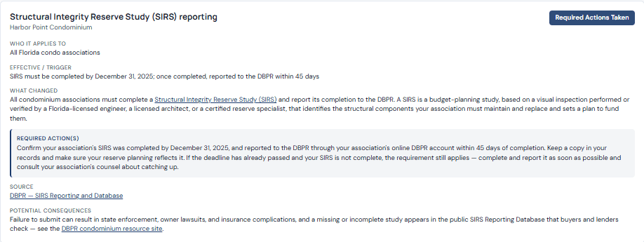 A RecordSteward compliance alert card for an example Florida condo association: a SIRS reporting alert showing who it applies to, the effective trigger, what changed, the required actions, the source, and potential consequences.