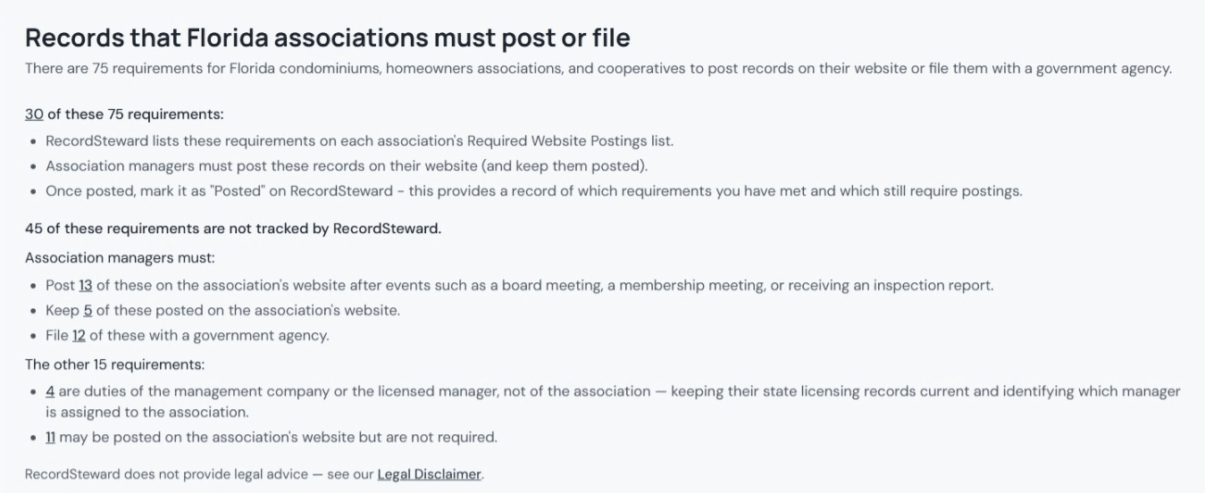 The RecordSteward screen listing every Florida posting and filing requirement for condominiums, homeowners associations and cooperatives, split into the ones RecordSteward tracks and the ones it does not, with search and filter controls below.