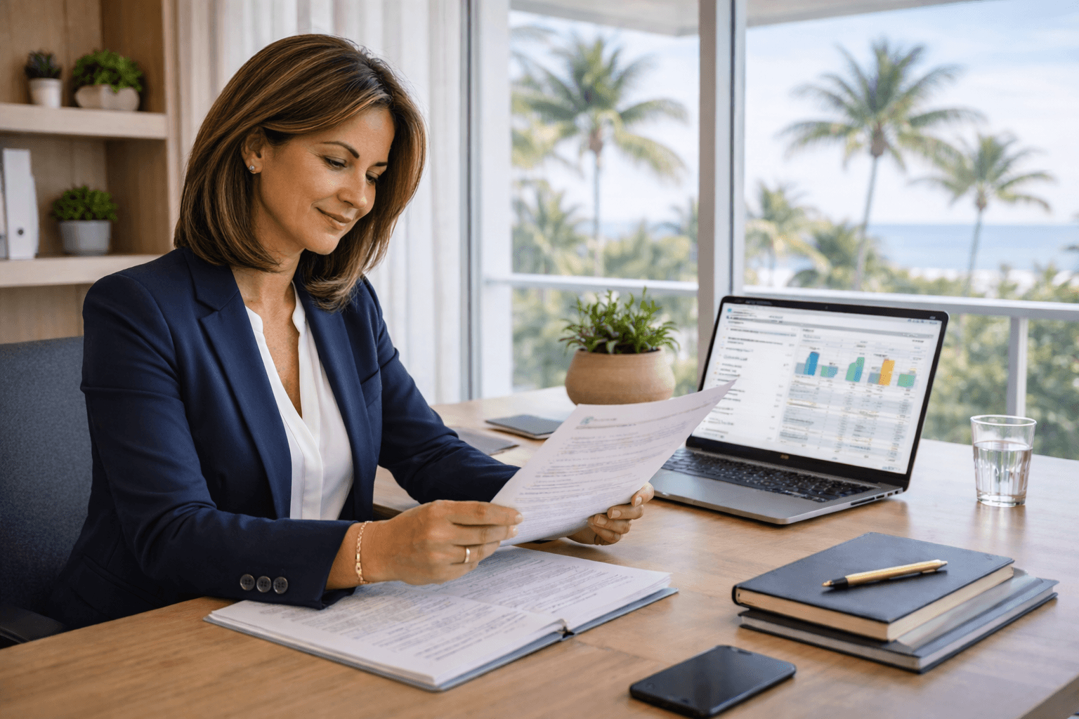 CAM Firm professional reviewing RecordSteward pricing and contract documentation at modern Florida office