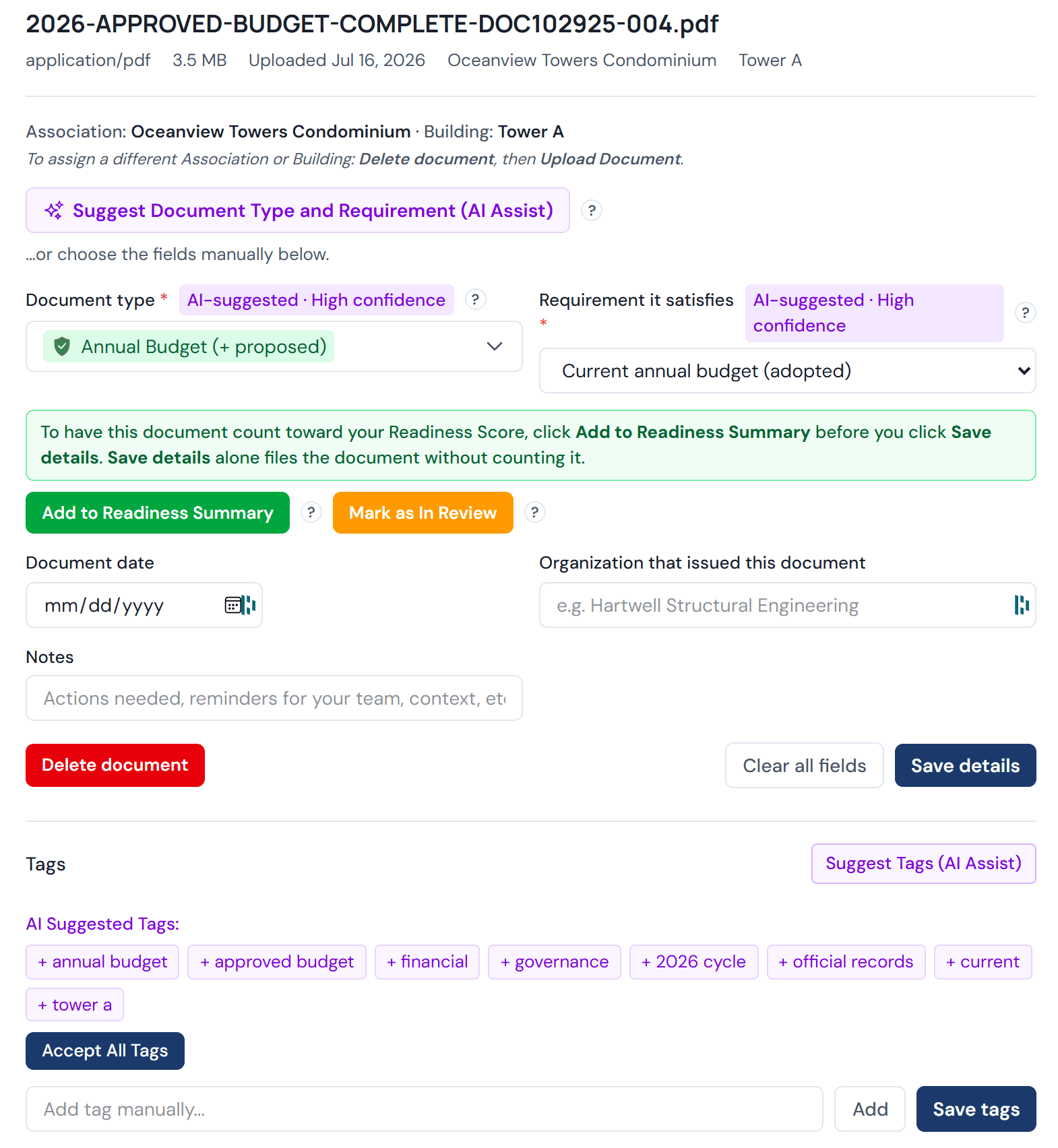 The Upload & Categorize details panel for an example condo association document: a Suggest Document Type and Requirement (AI Assist) button, AI-suggested Document type and Requirement fields marked high confidence, Add to Readiness Summary and Mark as In Review buttons, date, organization, and notes fields, and AI-suggested searchable tags with an Accept All Tags button.