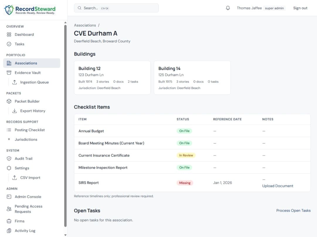 RecordSteward association dashboard showing buildings, records checklist, and status pills (On File, In Review, Missing) for an example Florida condo association.
