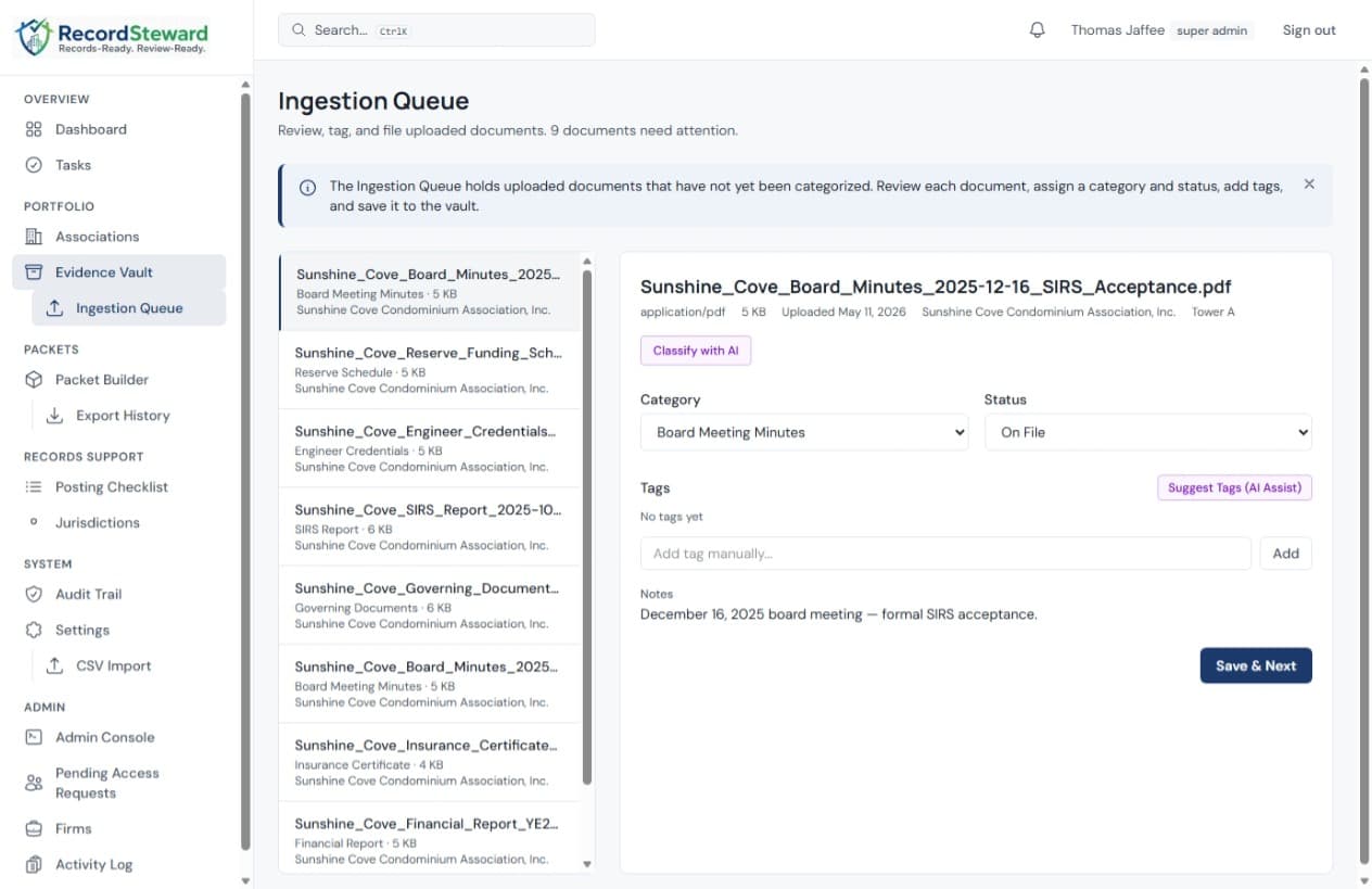 RecordSteward uploaded documents showing document classification and tagging
